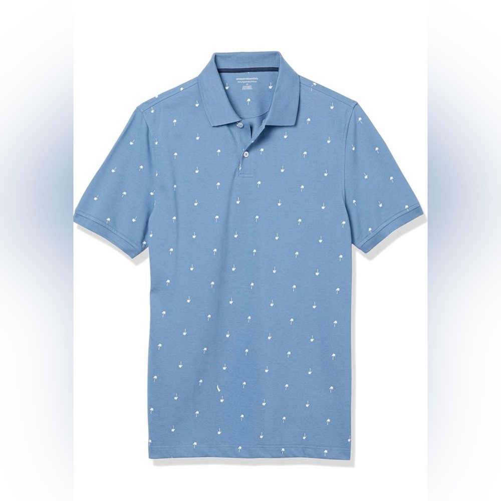 MENS XL AMAZON ESSENTIALS BLUE PALM TREE PRINT POLO. SLIM FIT COTTON